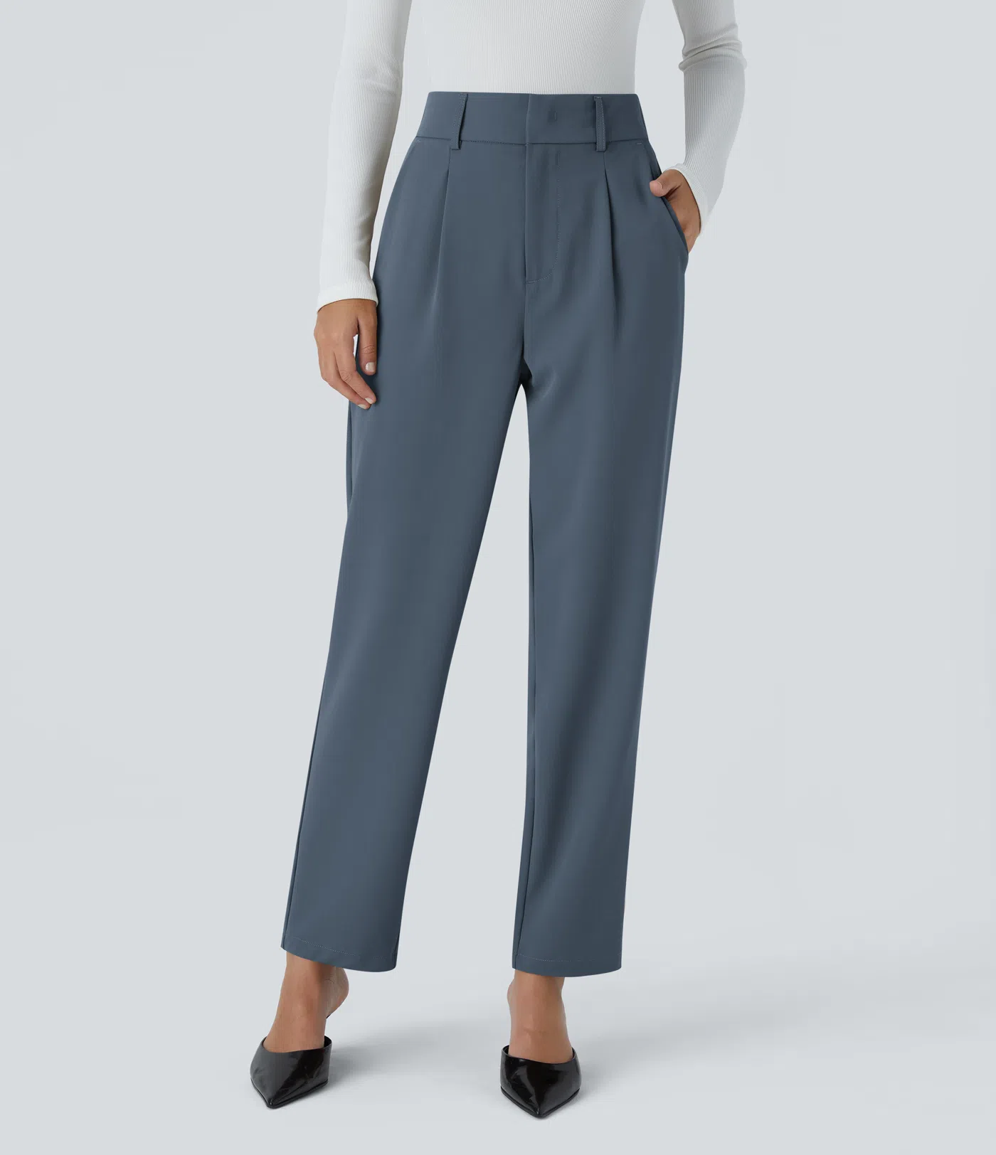 Shine - High Waisted Side Pocket Solid Work Tapered Pants