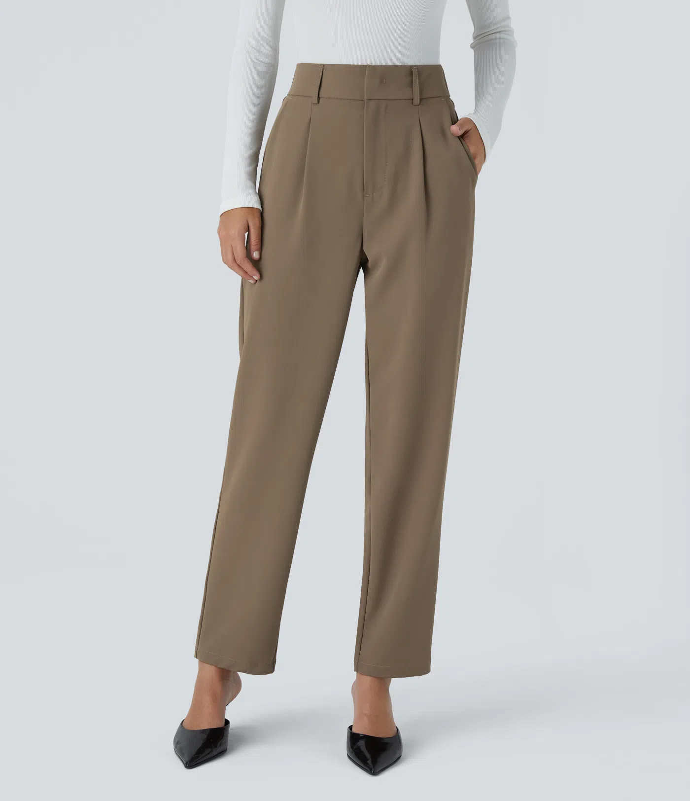 Shine - High Waisted Side Pocket Solid Work Tapered Pants