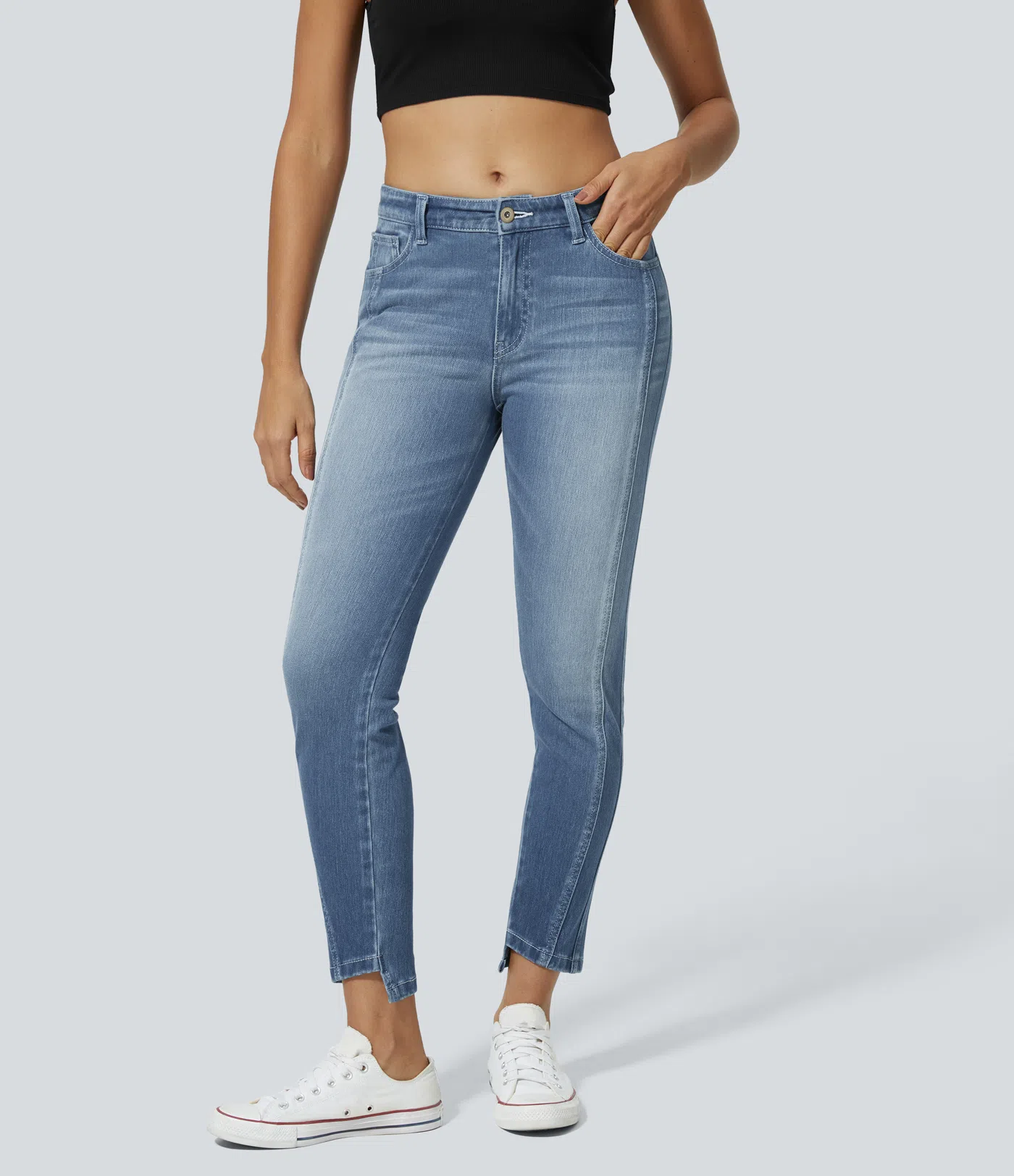 Jessa - Mid Low Rise Button Zipper Multiple Pockets Stretchy Knit Casual Skinny Jeans