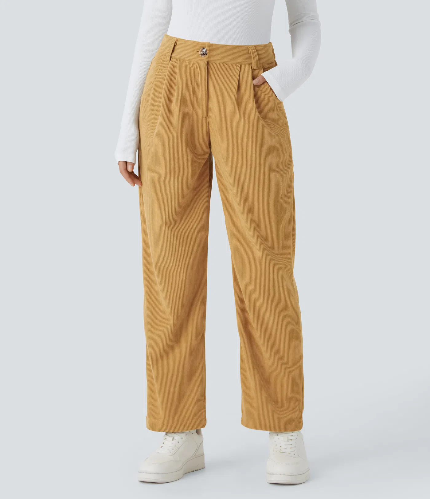 Madelyn - Mid Rise Button Zipper Corduroy Pants