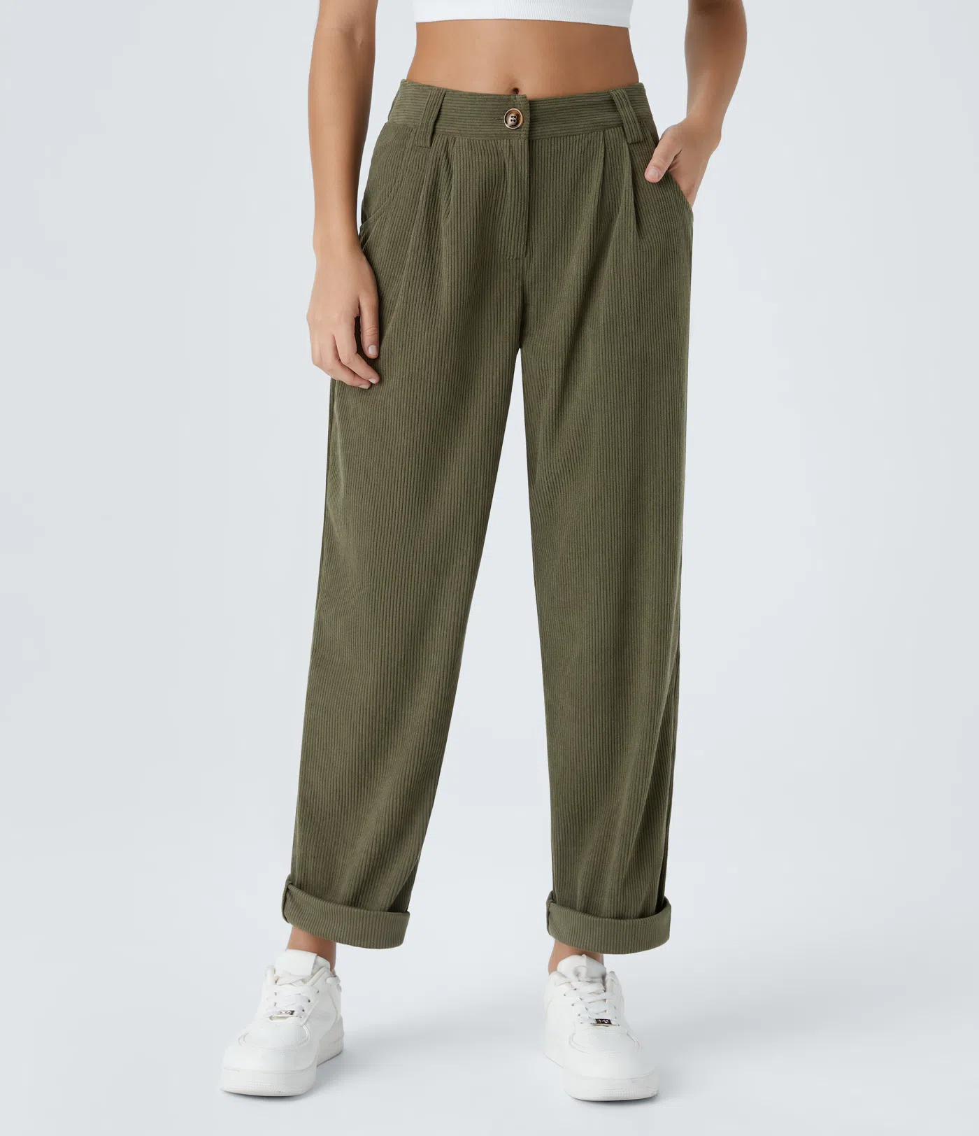 Madelyn - Mid Rise Button Zipper Corduroy Pants