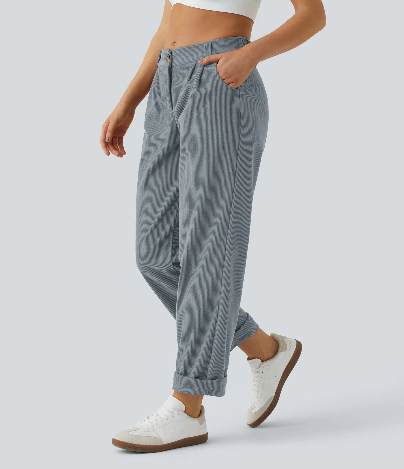 Madelyn - Mid Rise Button Zipper Corduroy Pants