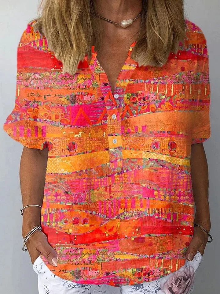 Jessa - Women's Vintage Art Print Casual Cotton And Linen 3/4 Sleeve Shirt