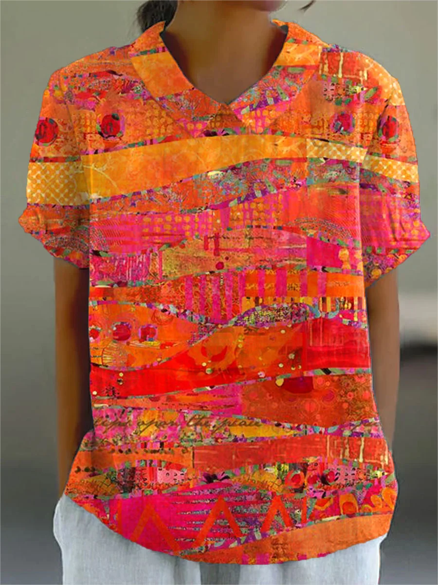 Jessa - Women's Vintage Art Print Casual Cotton And Linen 3/4 Sleeve Shirt