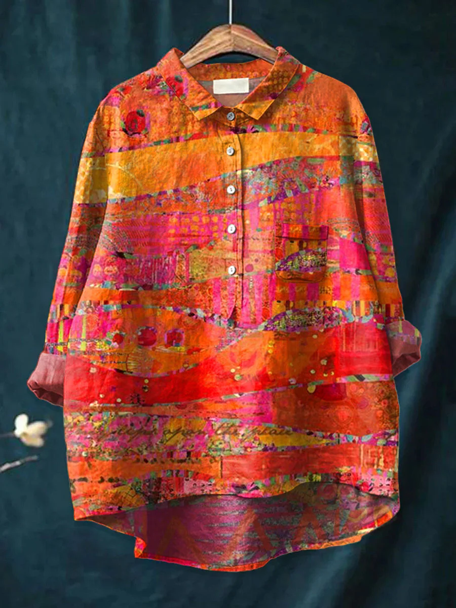 Jessa - Women's Vintage Art Print Casual Cotton And Linen 3/4 Sleeve Shirt