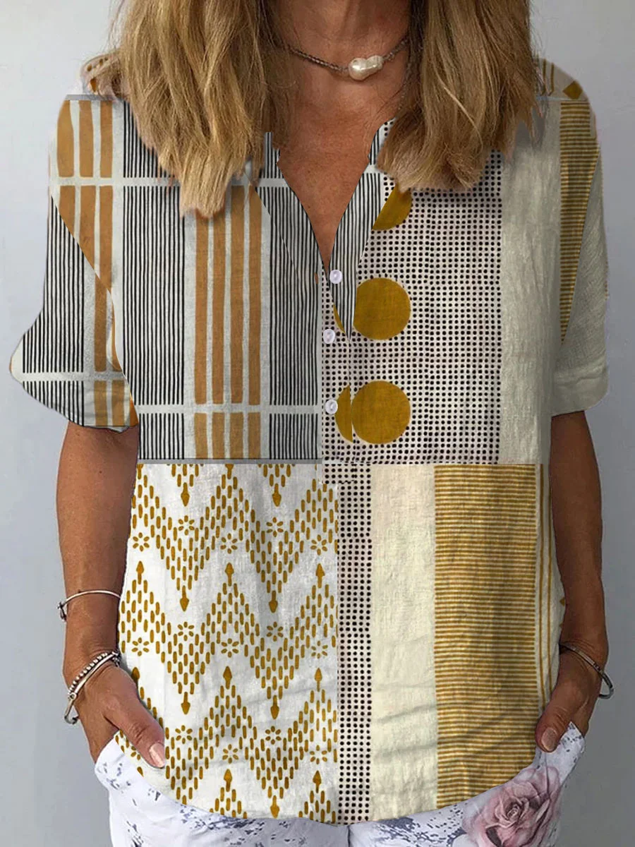 Layla - Women's Vintage Abstract Geometry Art Print Casual Cotton And Linen 3/4 Sleeve Shirt