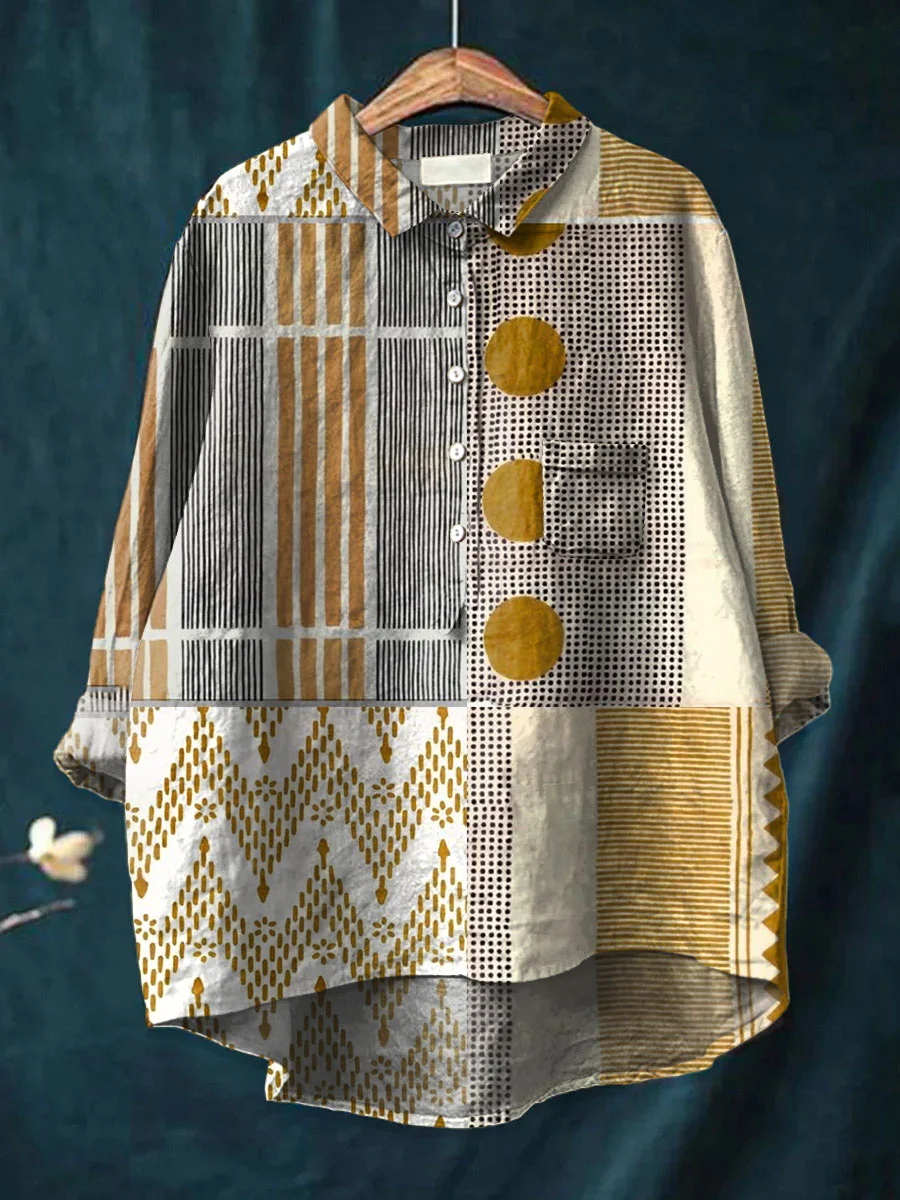 Layla - Women's Vintage Abstract Geometry Art Print Casual Cotton And Linen 3/4 Sleeve Shirt