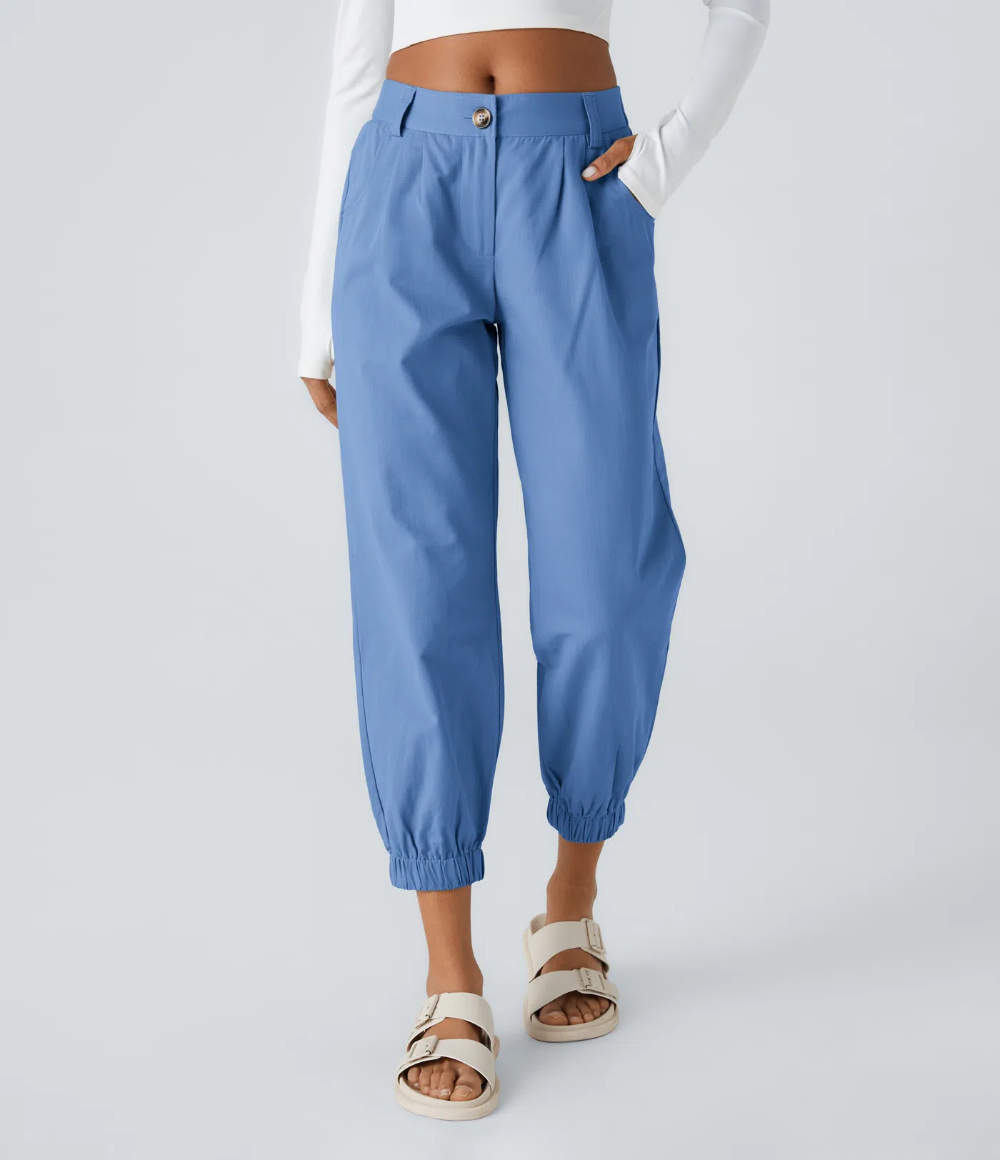 Moore - Mid Rise Button Zipper Side Pocket Casual Cotton Joggers