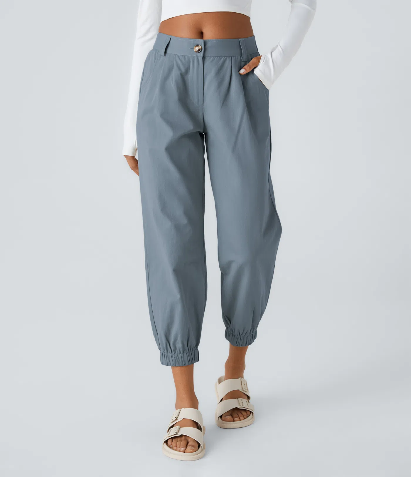 Moore - Mid Rise Button Zipper Side Pocket Casual Cotton Joggers
