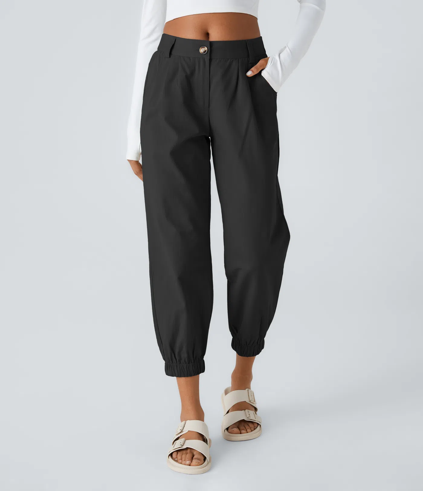 Moore - Mid Rise Button Zipper Side Pocket Casual Cotton Joggers