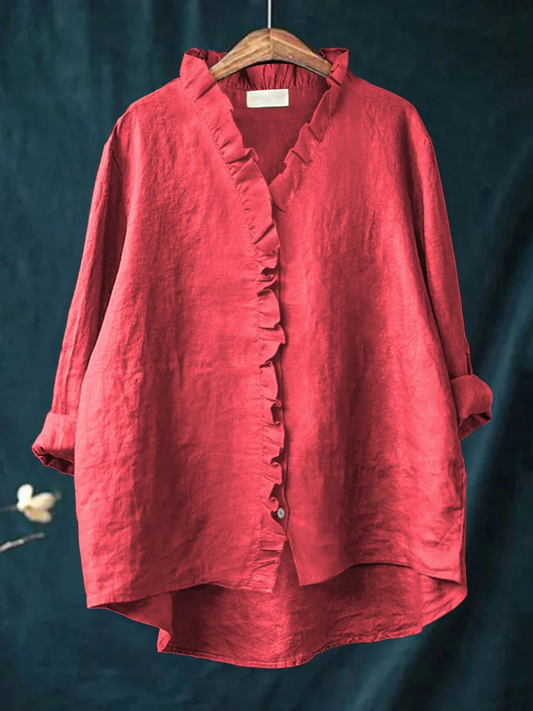 Darley - Women's Casual Cotton And Linen Ruffle Shirt