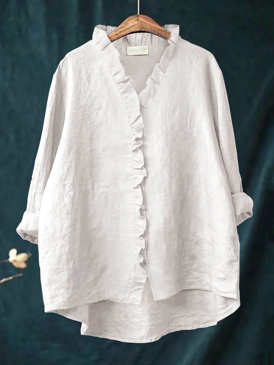 Darley - Women's Casual Cotton And Linen Ruffle Shirt