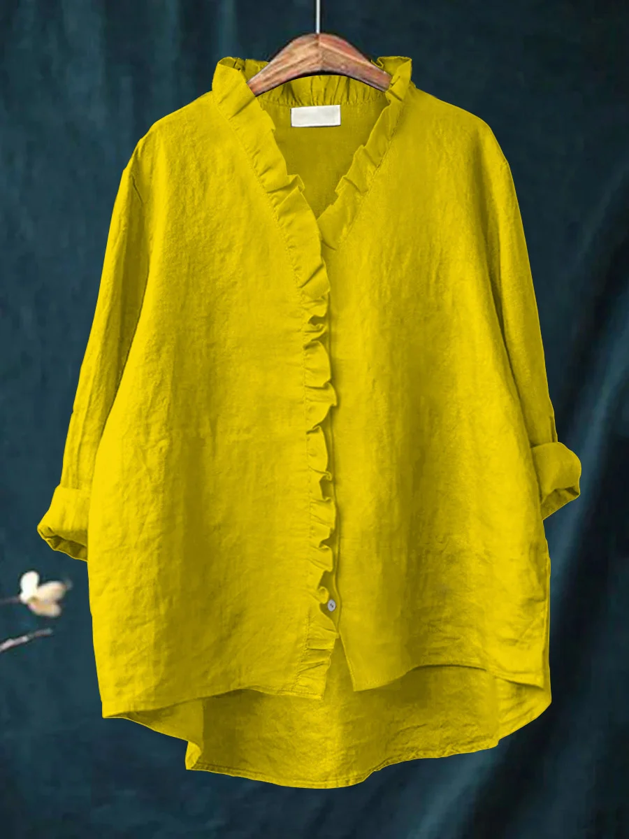 Darley - Women's Casual Cotton And Linen Ruffle Shirt