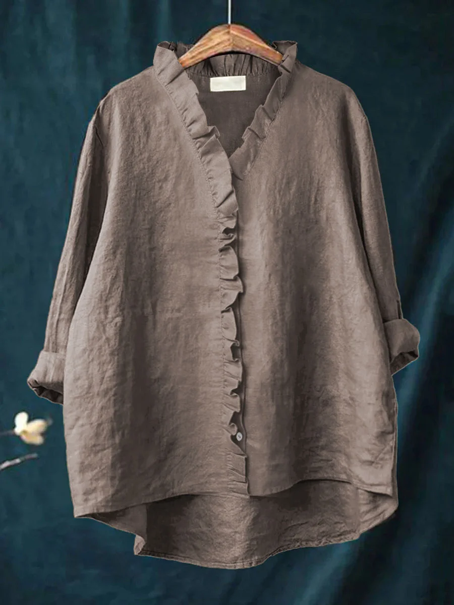 Darley - Women's Casual Cotton And Linen Ruffle Shirt