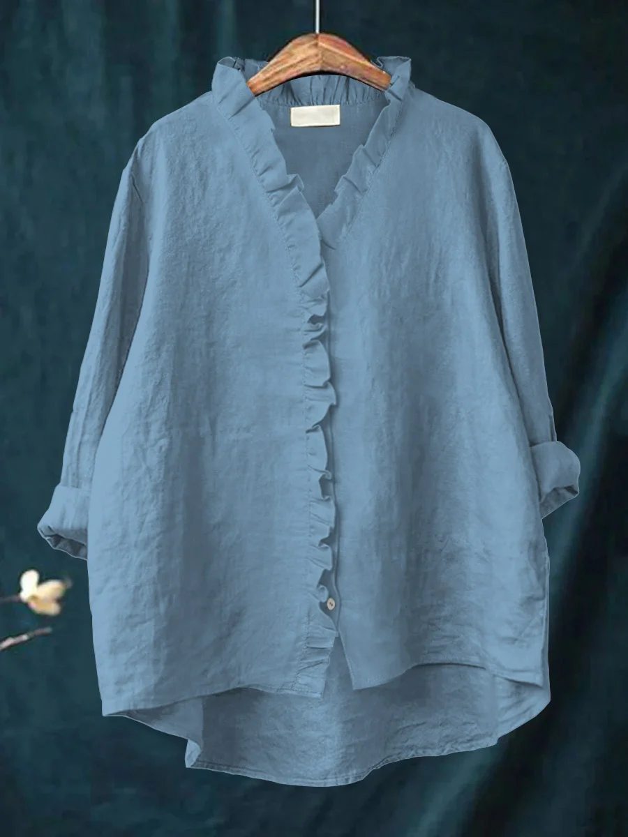 Darley - Women's Casual Cotton And Linen Ruffle Shirt