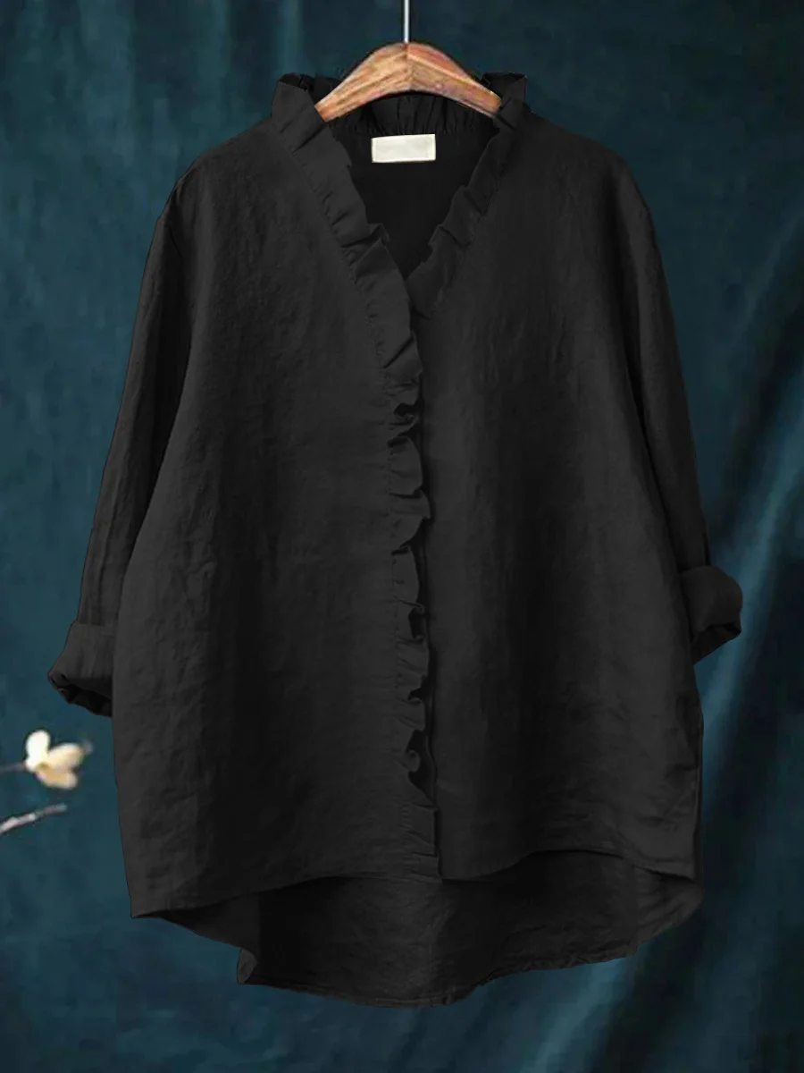 Darley - Women's Casual Cotton And Linen Ruffle Shirt