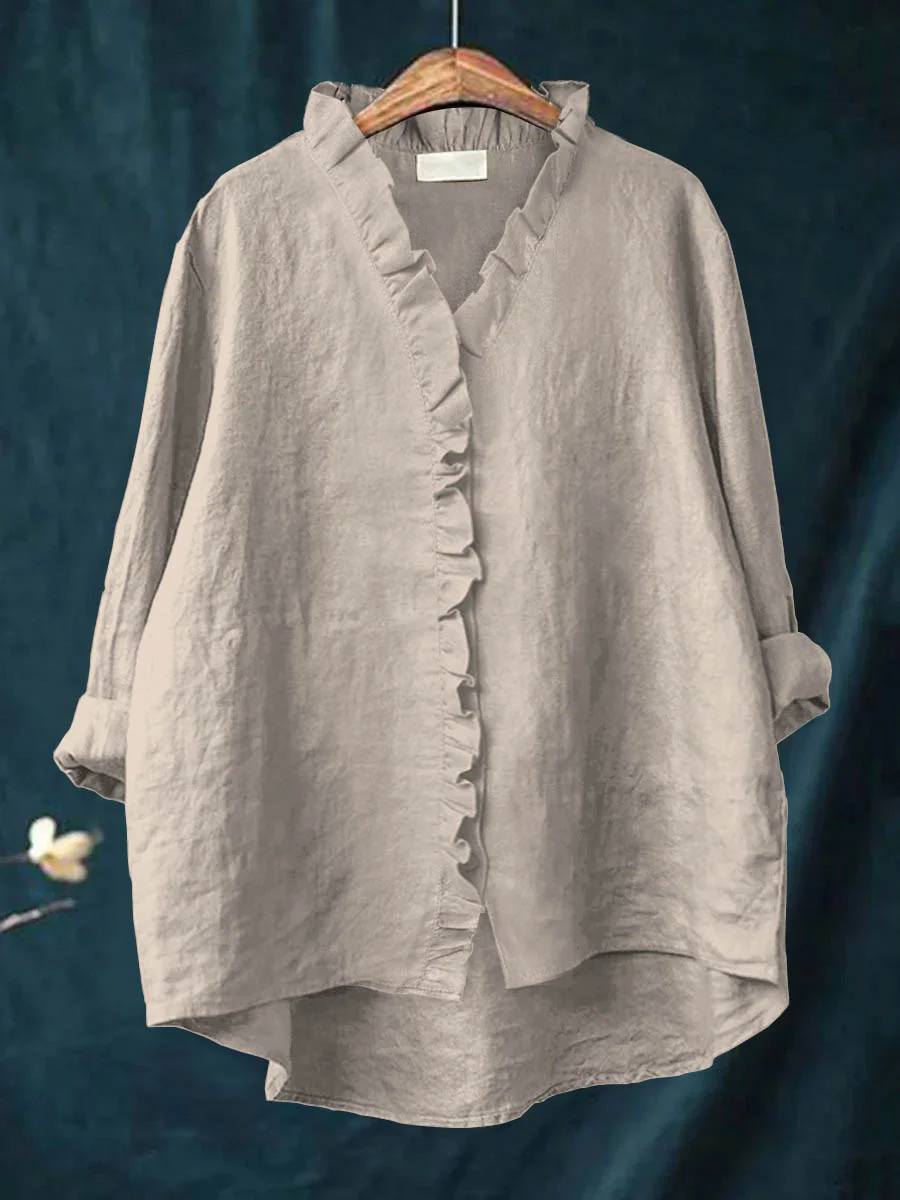 Darley - Women's Casual Cotton And Linen Ruffle Shirt