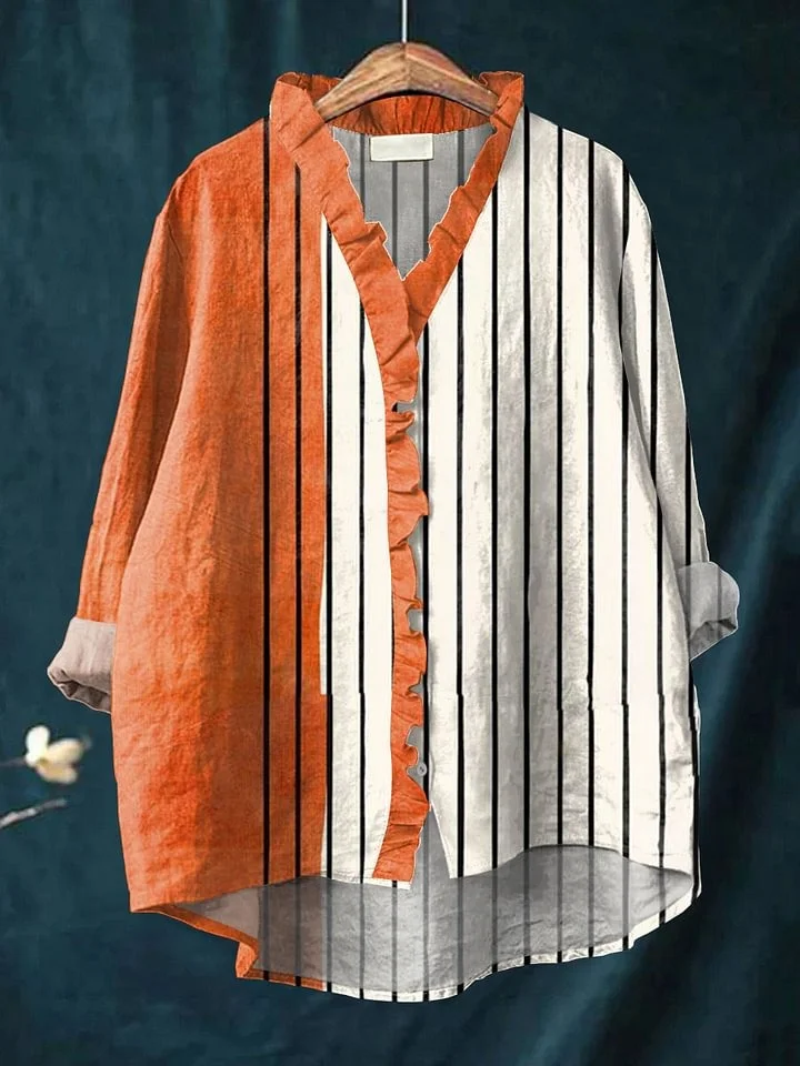 Garla - Women's Vintage Abstract Geometry Art Print Casual Cotton And Linen 3/4 Sleeve Shirt