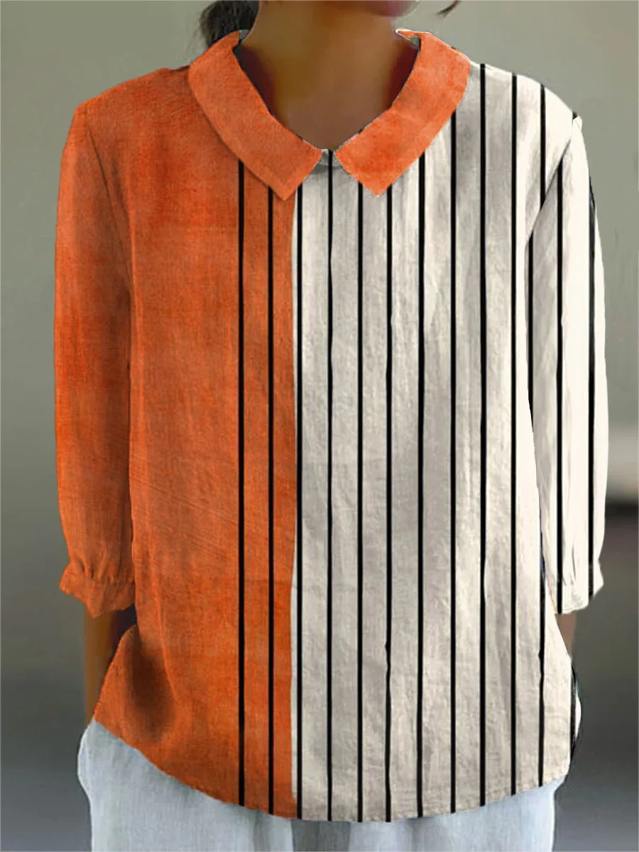 Garla - Women's Vintage Abstract Geometry Art Print Casual Cotton And Linen 3/4 Sleeve Shirt