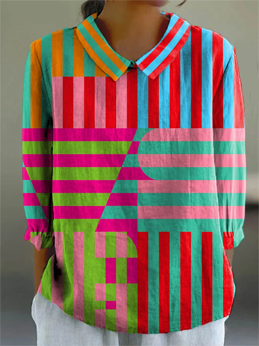 Stacey - Women's Abstract Geometric Pattern Art Print Casual Cotton And Linen 3/4 Sleeve Shirt