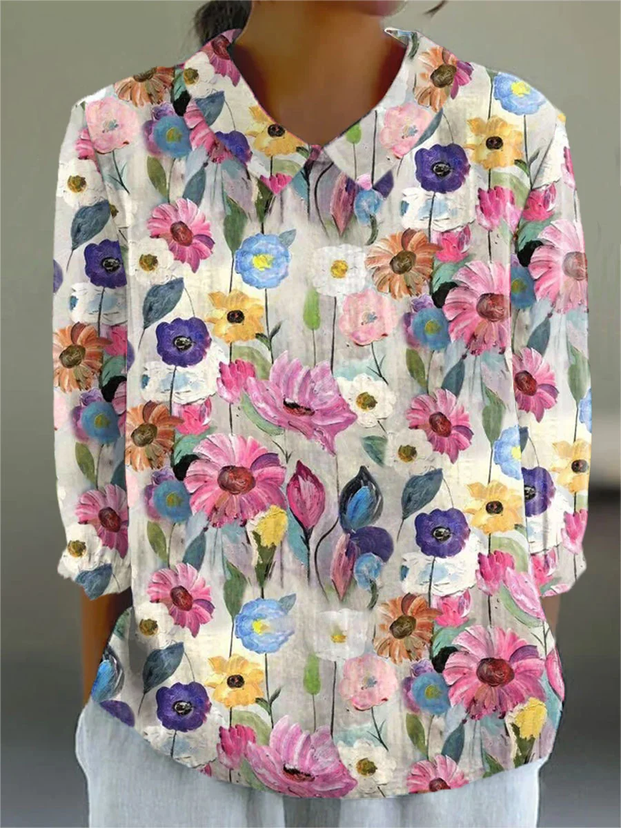 Shirley - Women's Vintage Floral Art Print Casual Cotton And Linen 3/4 Sleeve Shirt