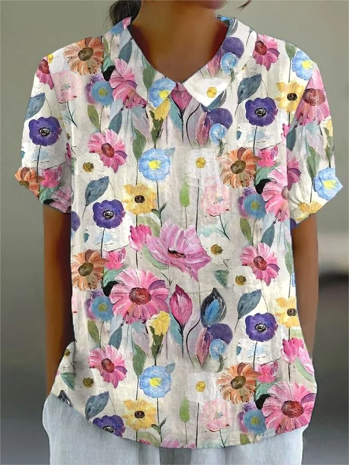 Shirley - Women's Vintage Floral Art Print Casual Cotton And Linen 3/4 Sleeve Shirt