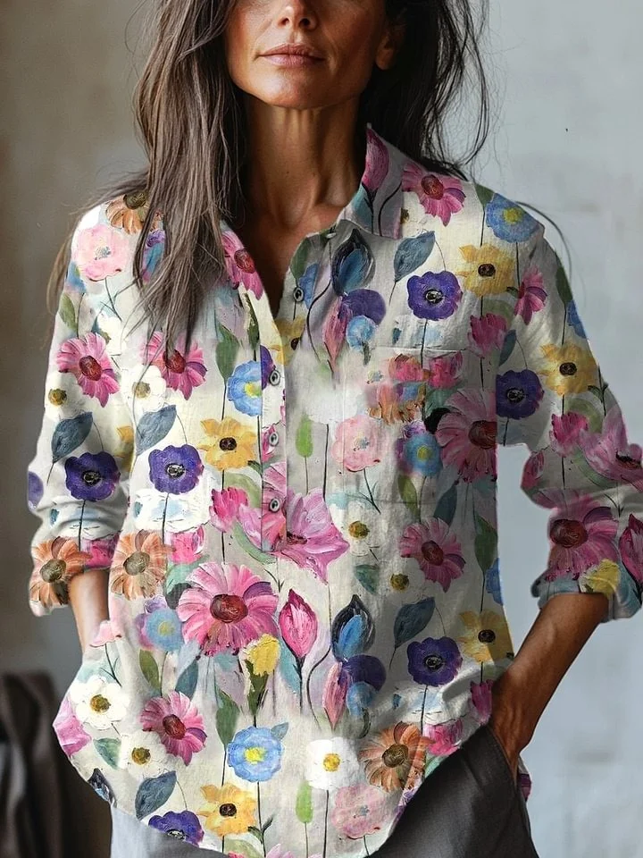 Shirley - Women's Vintage Floral Art Print Casual Cotton And Linen 3/4 Sleeve Shirt