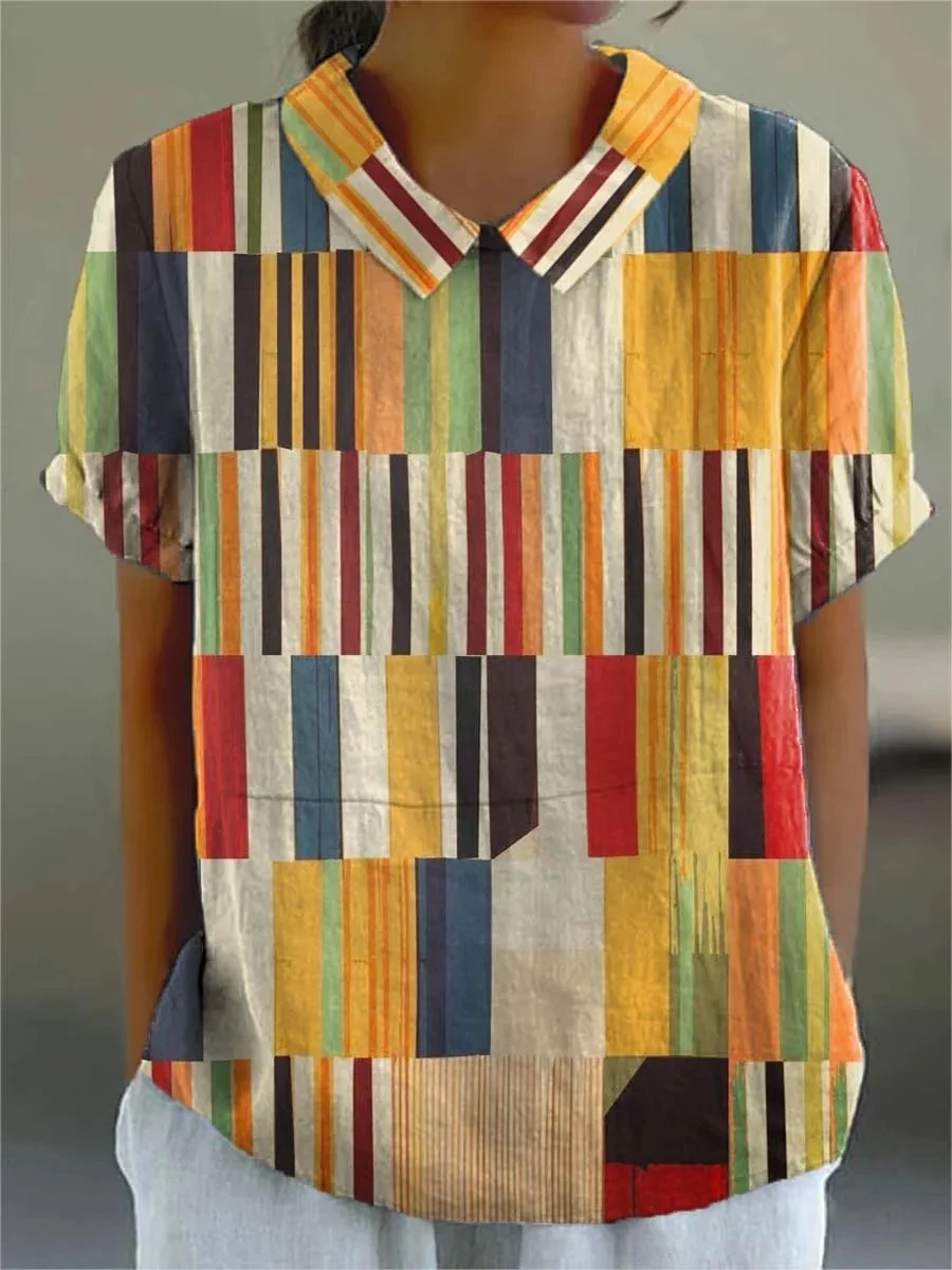 Anastasia - Women's Abstract Geometric Pattern Art Print Casual Cotton And Linen 3/4 Sleeve Shirt
