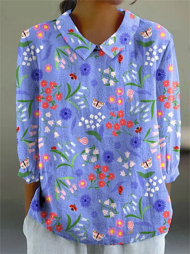 Girlie - Women's Vintage Flower Art Print Casual Linen V-neck Shirt