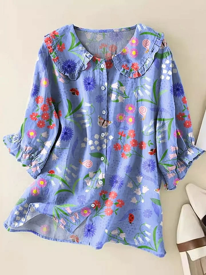 Girlie - Women's Vintage Flower Art Print Casual Linen V-neck Shirt
