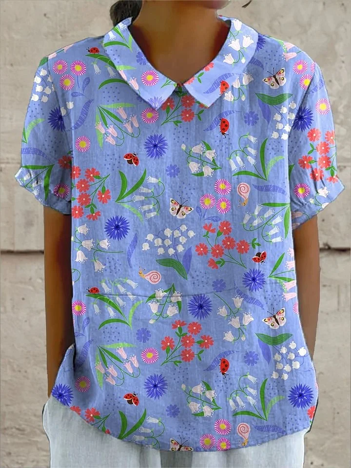 Girlie - Women's Vintage Flower Art Print Casual Linen V-neck Shirt