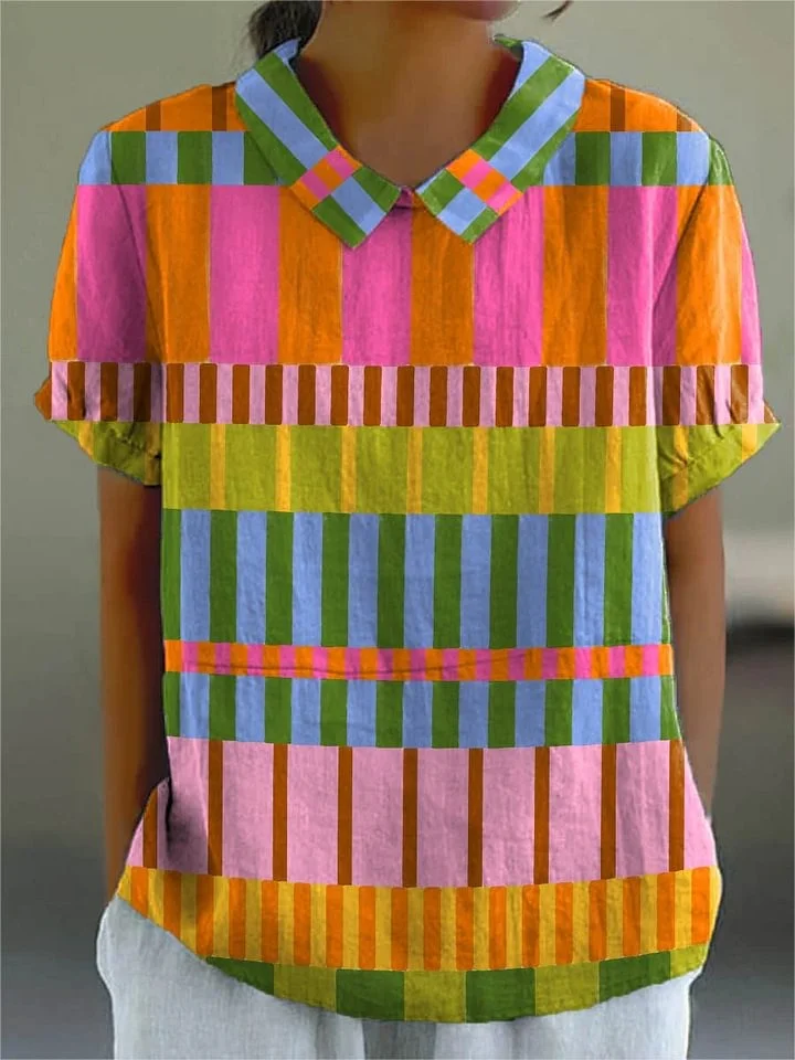 Selene - Women's Abstract Geometric Pattern Art Print Casual Cotton And Linen 3/4 Sleeve Shirt