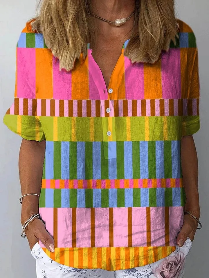 Selene - Women's Abstract Geometric Pattern Art Print Casual Cotton And Linen 3/4 Sleeve Shirt