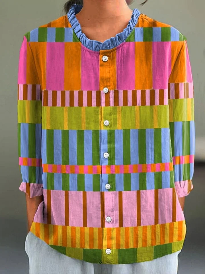 Selene - Women's Abstract Geometric Pattern Art Print Casual Cotton And Linen 3/4 Sleeve Shirt