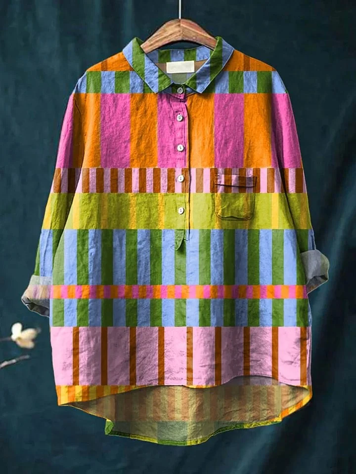 Selene - Women's Abstract Geometric Pattern Art Print Casual Cotton And Linen 3/4 Sleeve Shirt