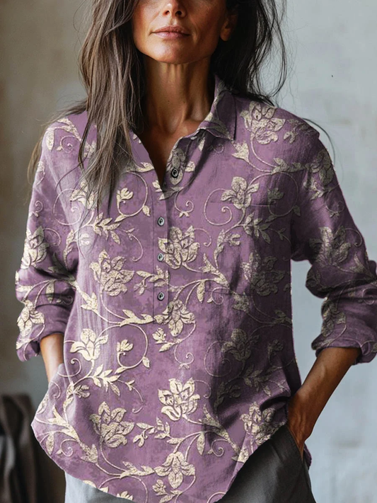 Deborah - Women's Vintage Lovely Floral Art Print Casual Cotton And Linen Shirt