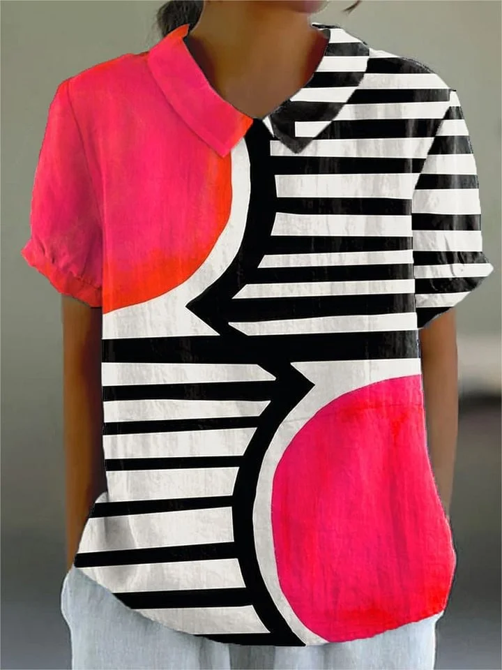 Sara - Women's Vintage Abstract Geometry Print Casual Cotton And Linen 3/4 Sleeve Shirt