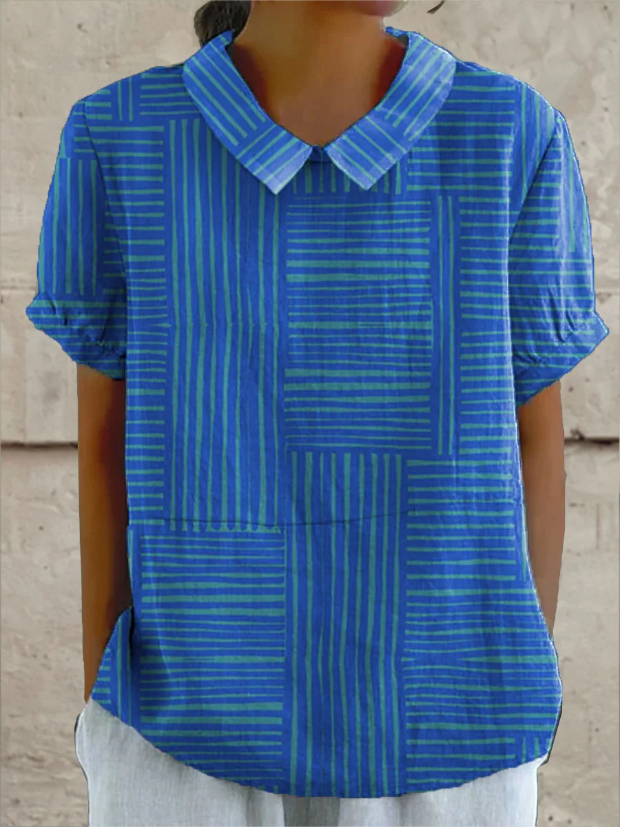 Shiela - Women's Blue Stripes Art Print Casual Cotton And Linen 3/4 Sleeve Shirt