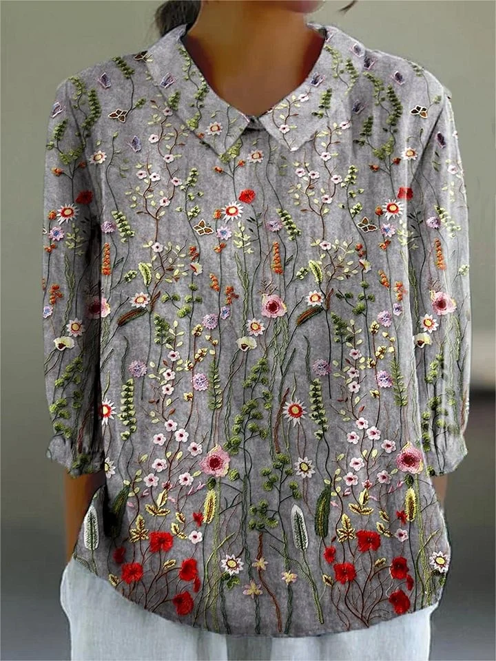 Zyla - Women's Vintage Floral Art Print Casual Cotton Linen V-neck Shirt