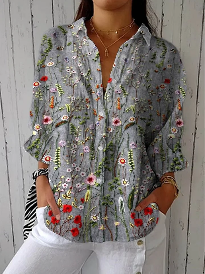 Zyla - Women's Vintage Floral Art Print Casual Cotton Linen V-neck Shirt