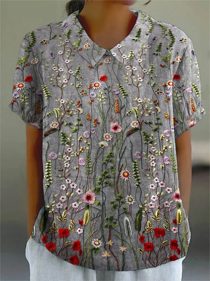 Zyla - Women's Vintage Floral Art Print Casual Cotton Linen V-neck Shirt