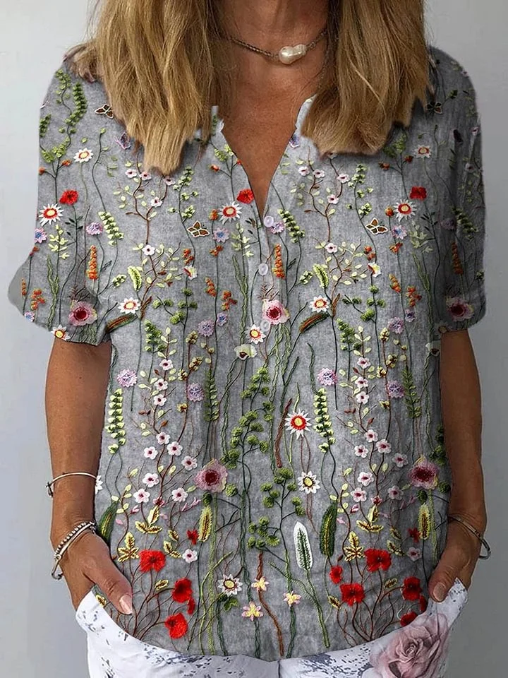 Zyla - Women's Vintage Floral Art Print Casual Cotton Linen V-neck Shirt