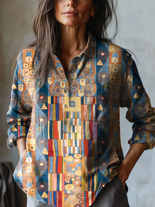 Angela - Women's Vintage Geometric Patchwork Pattern Art Print Casual Cotton And Linen Shirt