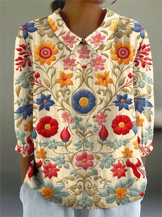 Celine - Women's Vintage Flower Art Print Casual Cotton And Linen 3/4 Sleeve Shirt