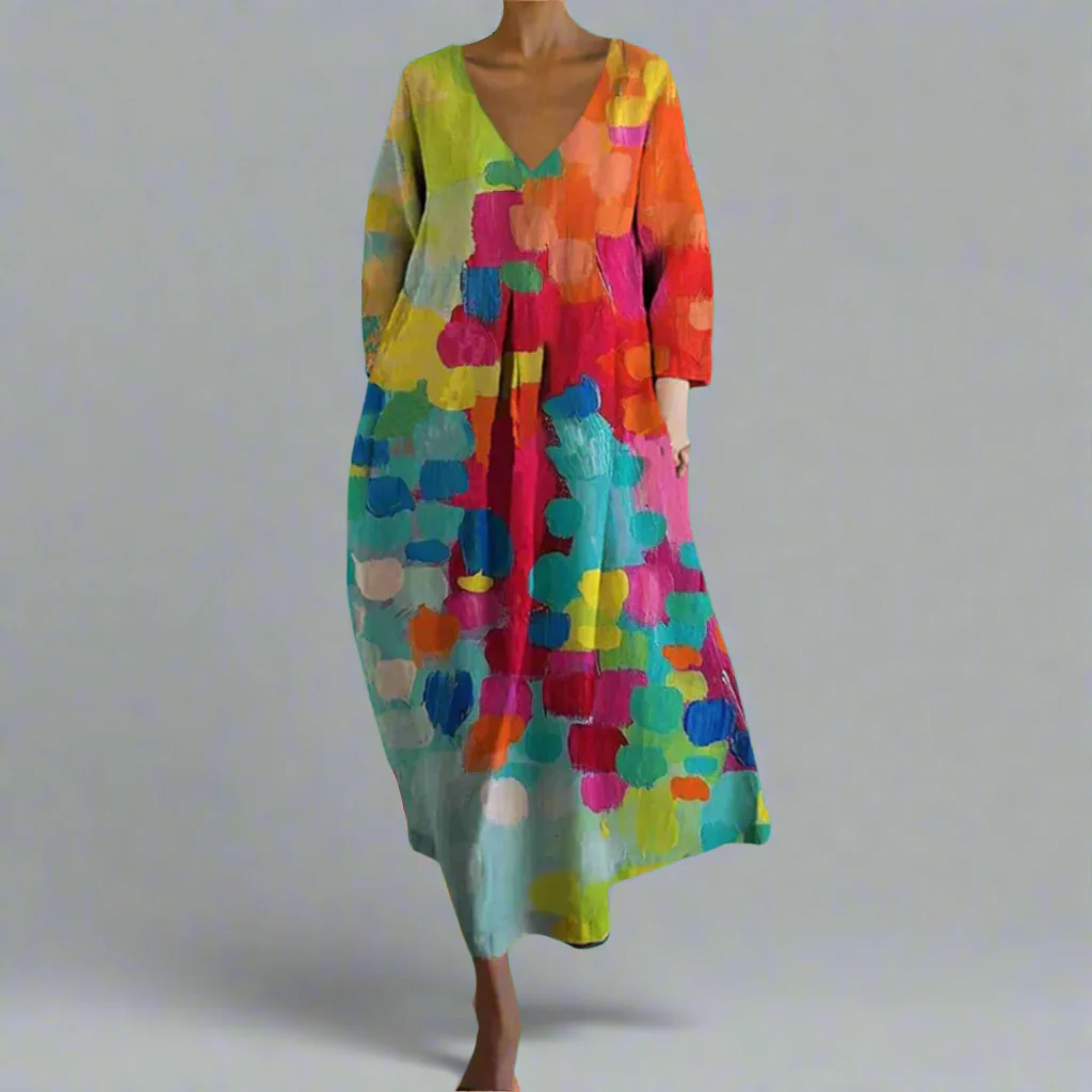 Jordine - Colorful dress with V-neckline in premium fabric