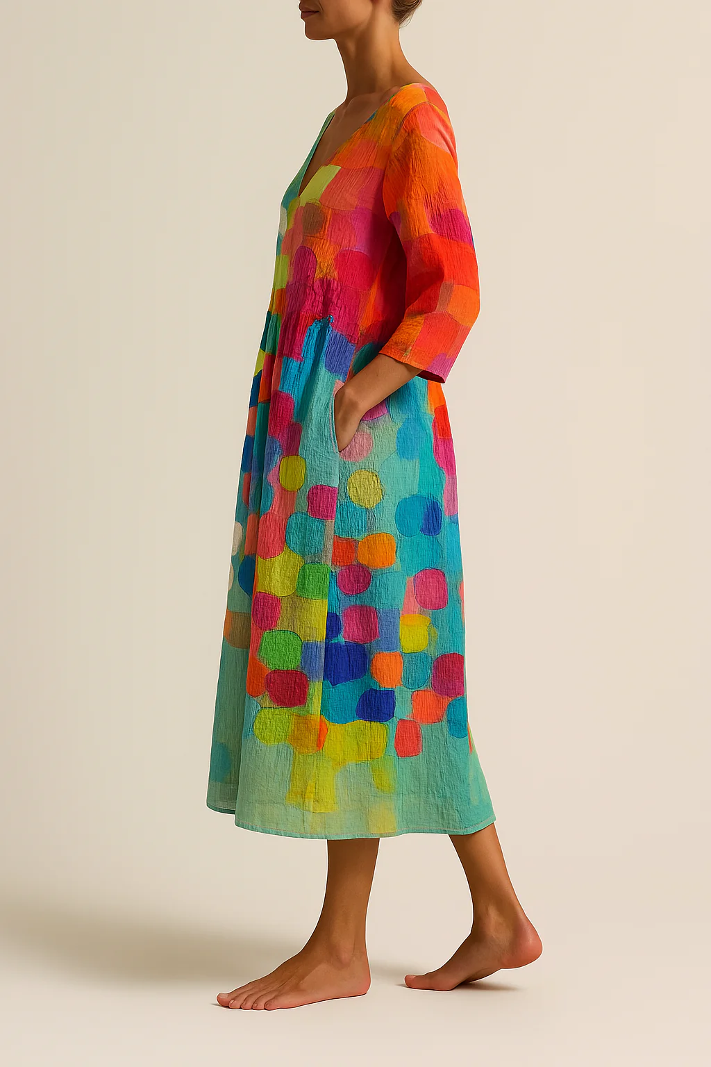 Jordine - Colorful dress with V-neckline in premium fabric
