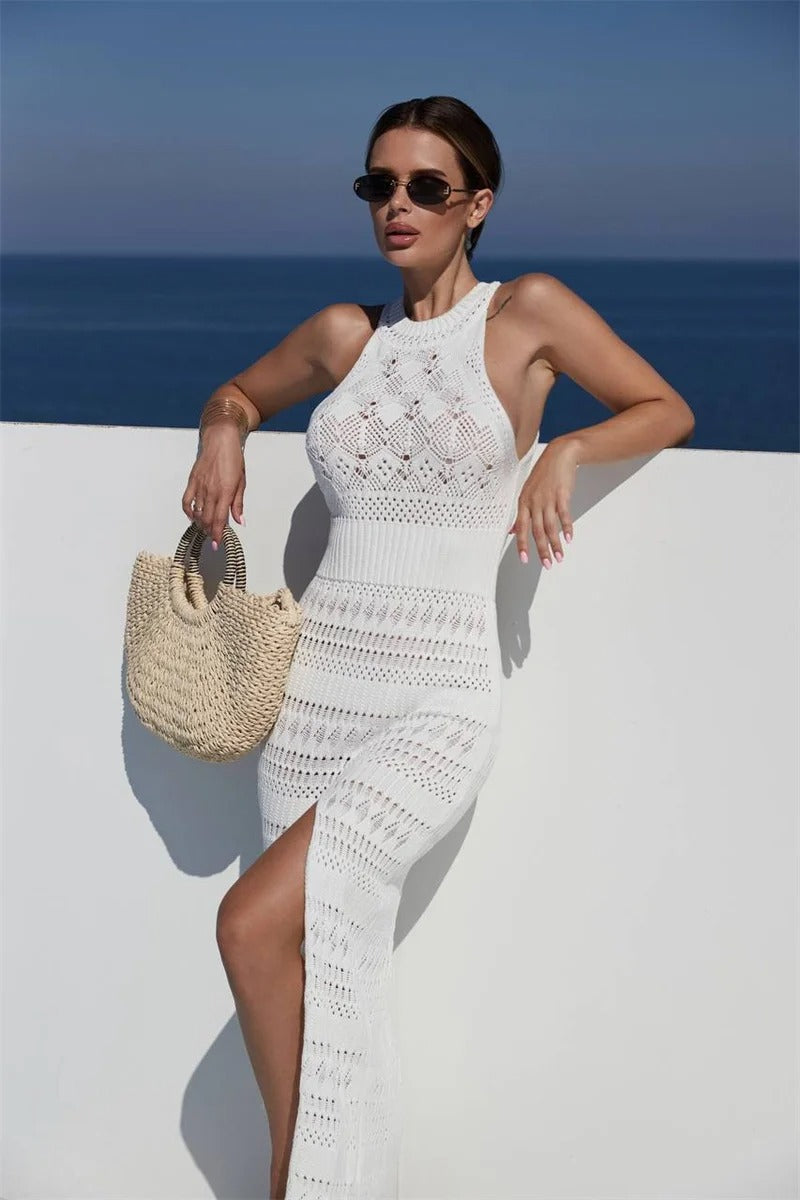 WW | sleeveless long knit dress with high slit