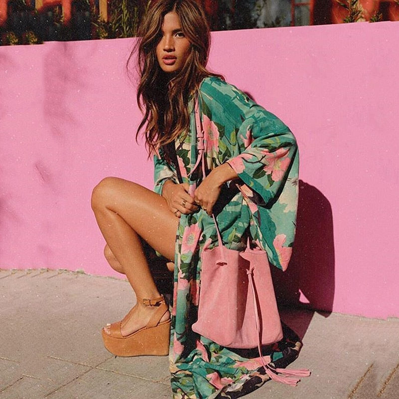 Green floral print kimono cardigan