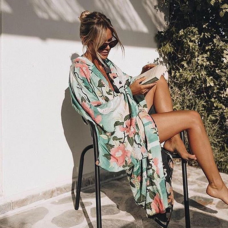 Green floral print kimono cardigan