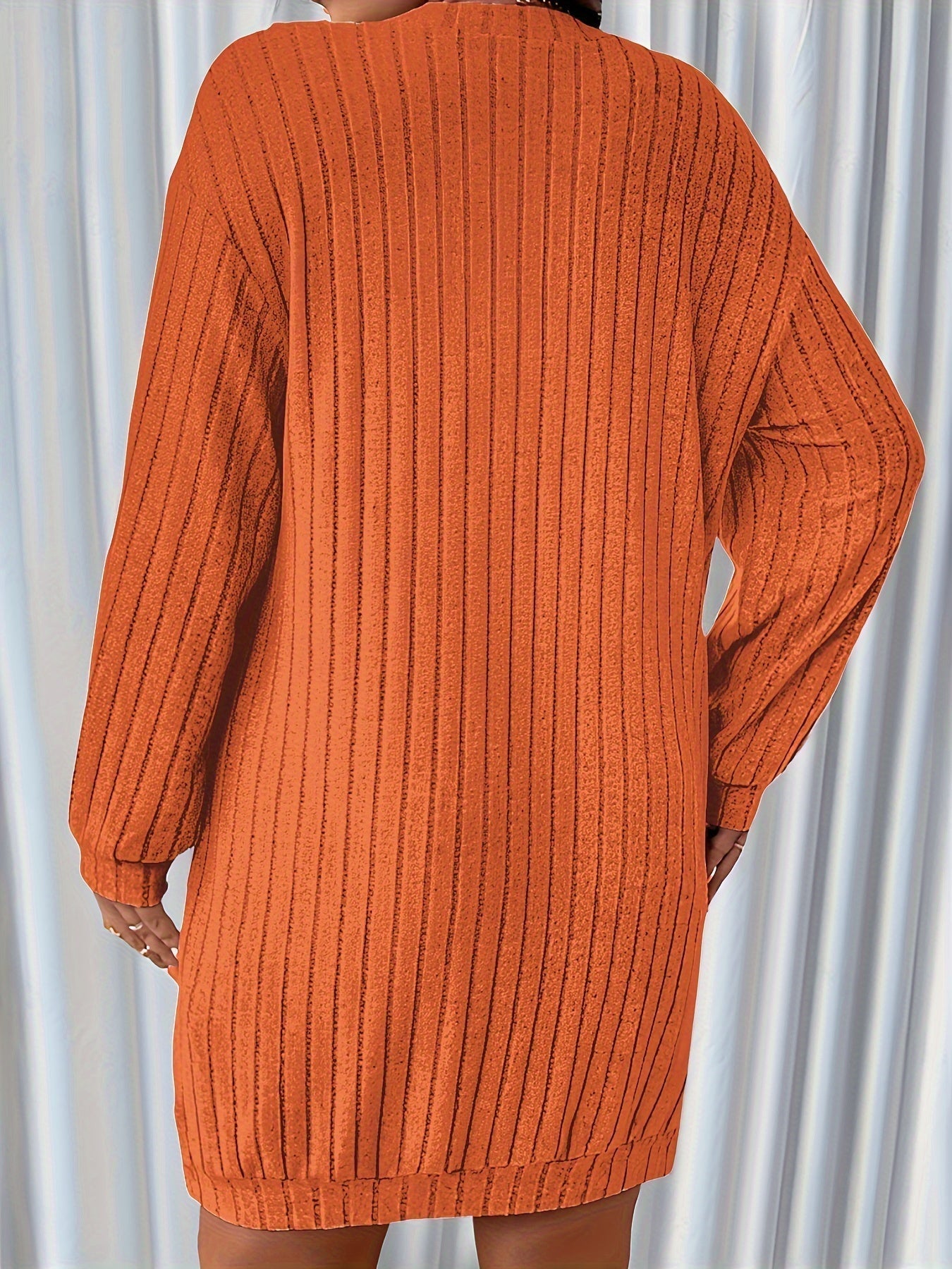 WW | Solid Ribbed Sweater Dress with Long Sleeves and V-Neck